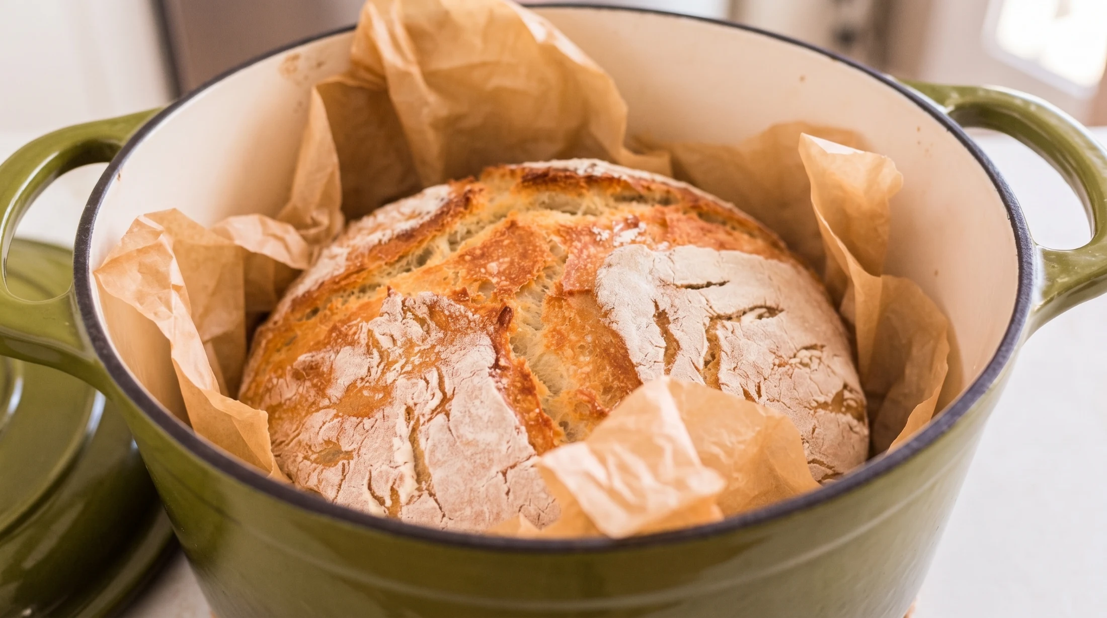 Round crusty artisan loaf in a green Dutch oven