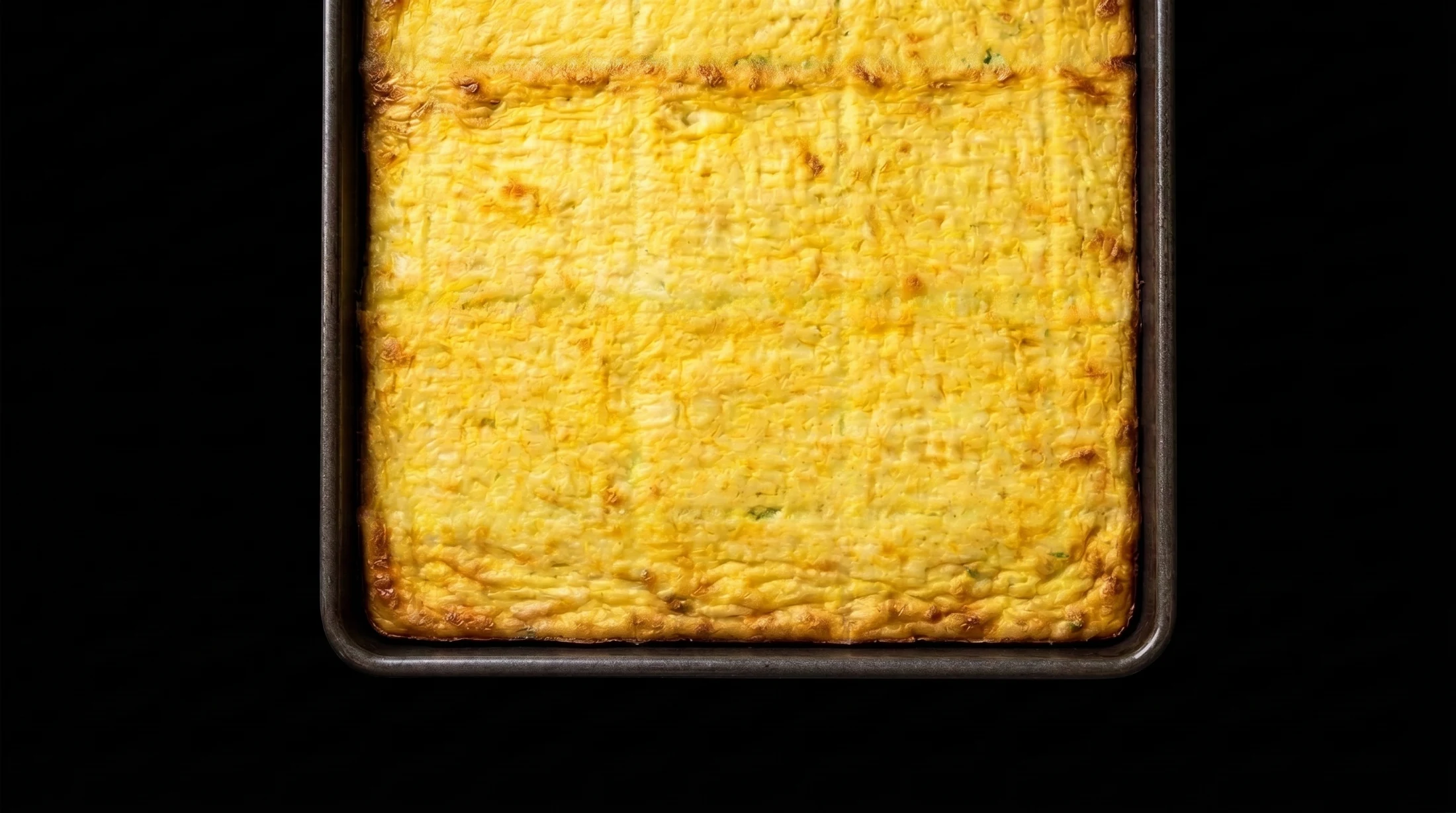 Baked sheet-pan eggs in a rimmed baking sheet on a dark background