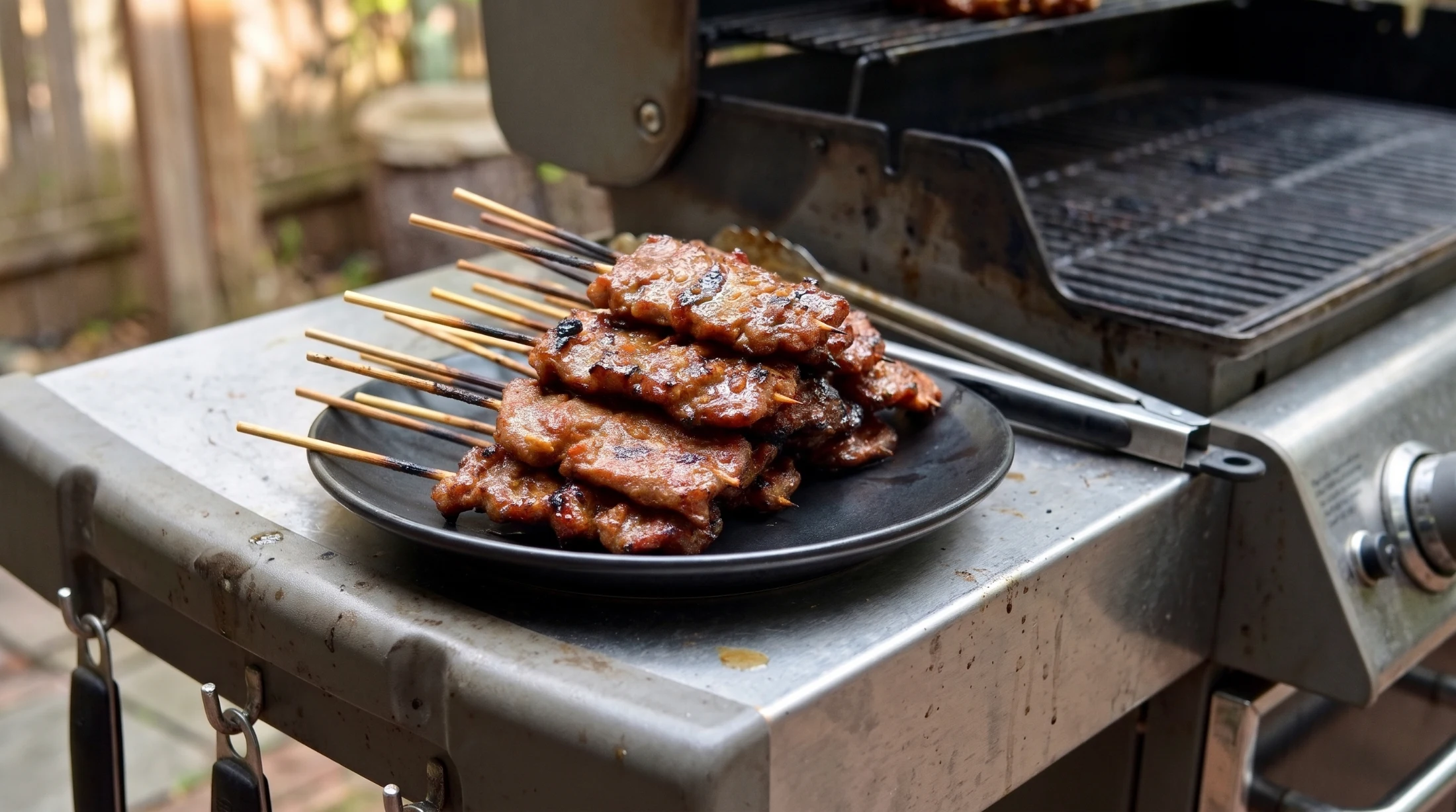 Garlic-pepper grilled pork skewers stacked on a black plate beside an open grill.