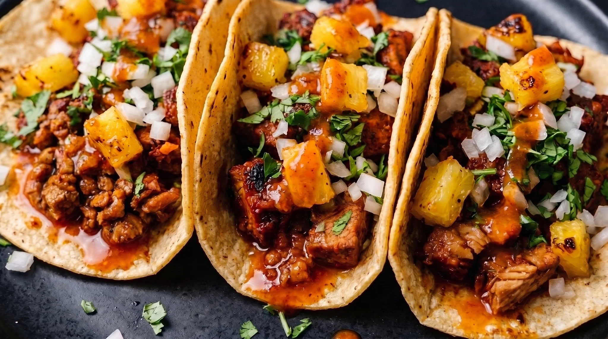 Corn tortillas filled with al pastor pork, roasted pineapple, diced onion, cilantro, and salsa